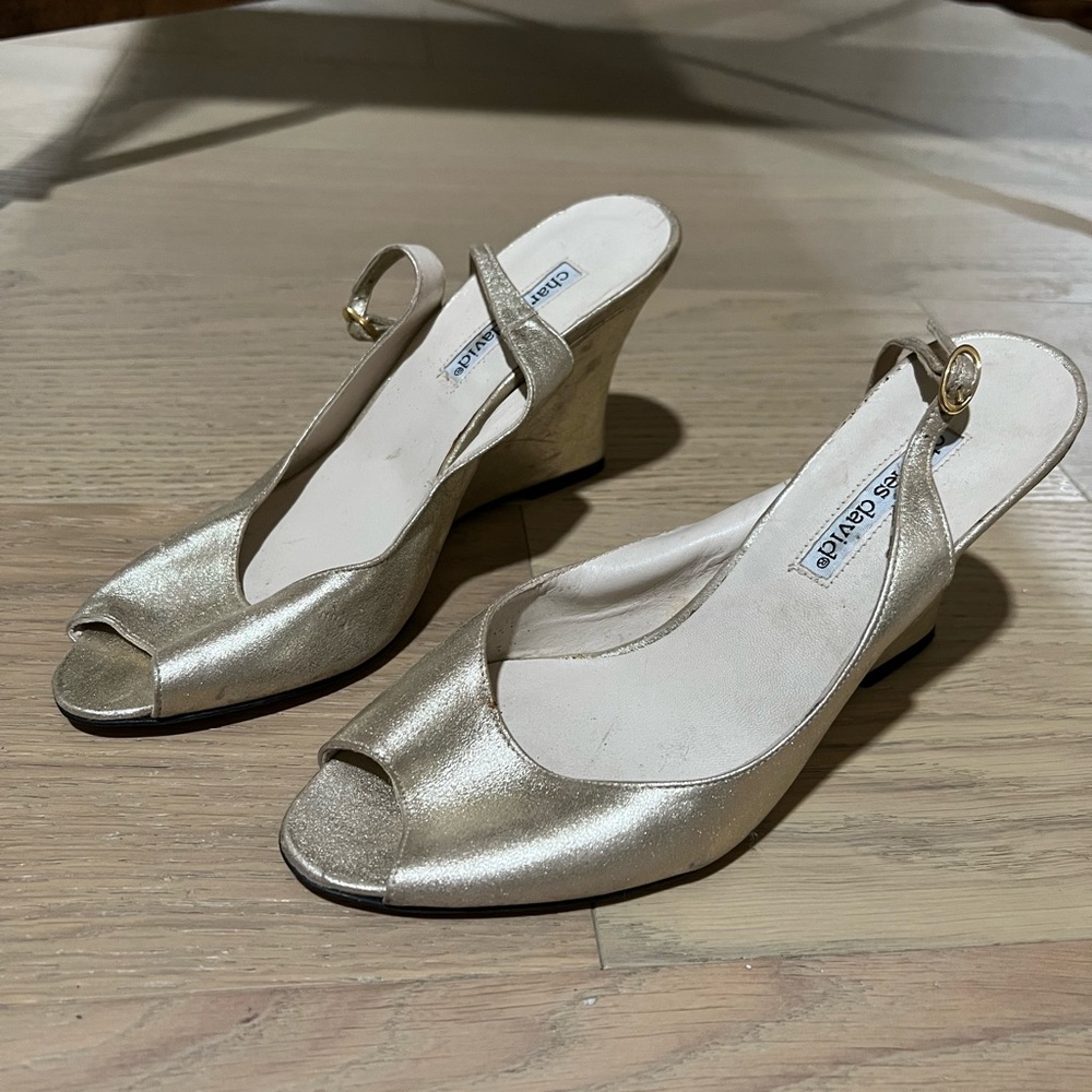 Charles David gold metallic wedges size 9.5. Scuffs on heel